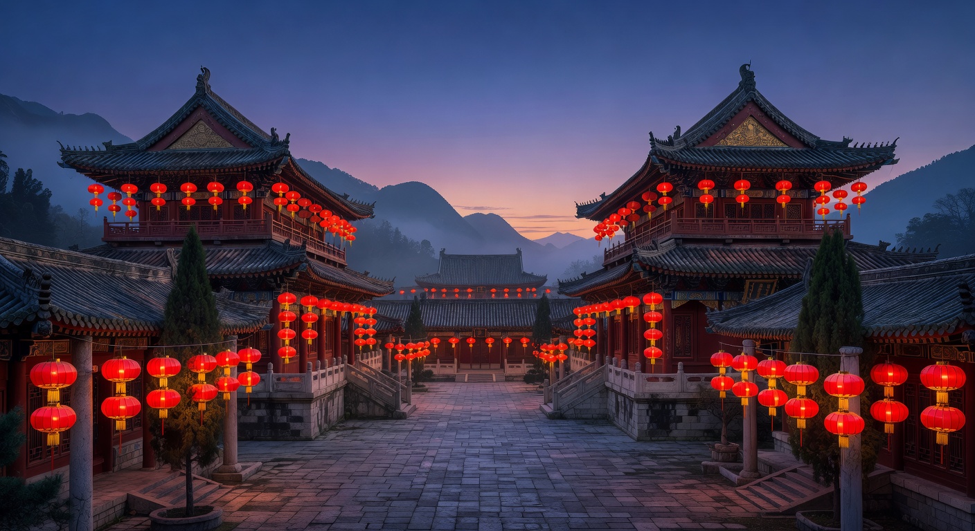 Ancient Chinese palace at twilight with red lanterns