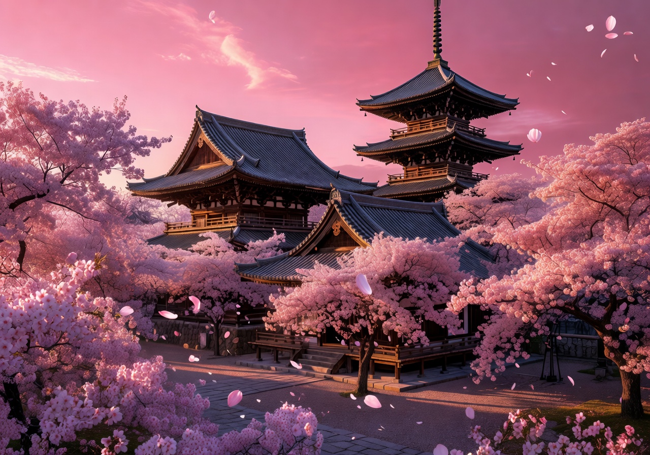 Cherry blossom temple under pink sunset sky