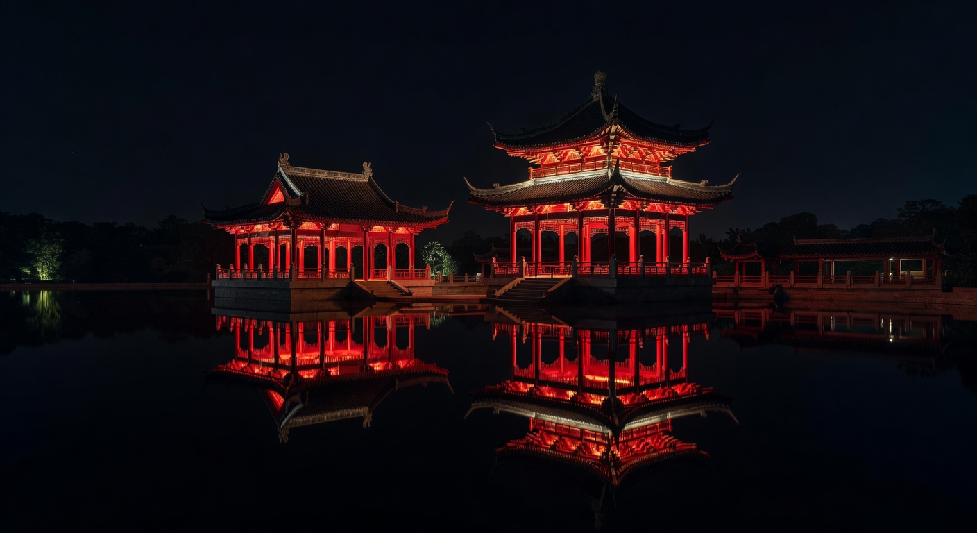 Glowing red Chinese pavilion at night with reflections