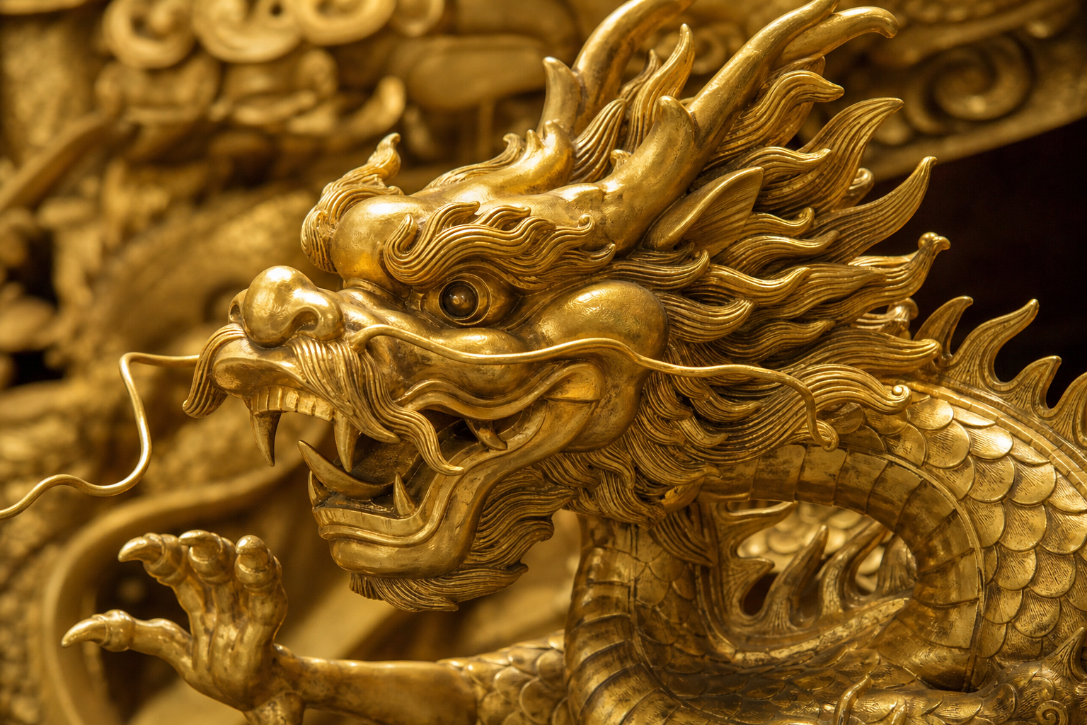 Golden Chinese imperial dragon sculpture detail