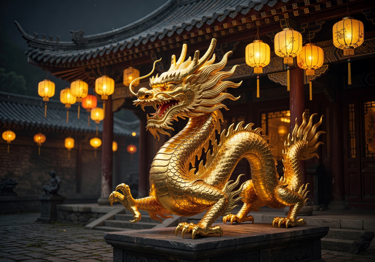 Golden imperial dragon statue glowing in lantern light