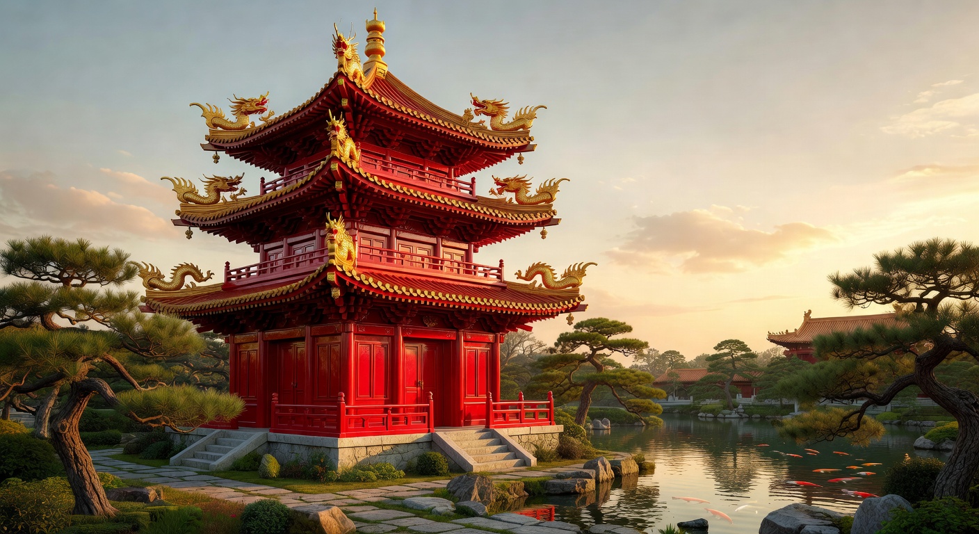 Imperial red Chinese pagoda with golden dragon details