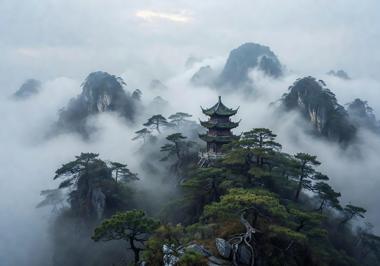 Misty Chinese mountain landscape with pagoda