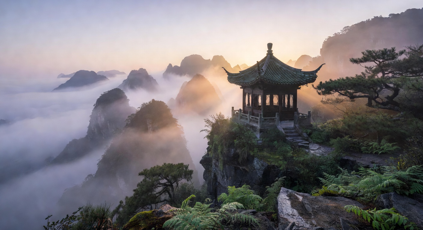 Misty Chinese mountains with traditional pavilion at sunrise