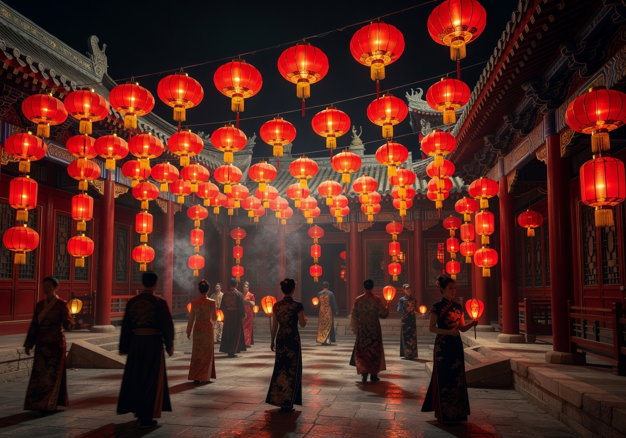 Red Chinese lanterns hanging at imperial festival night