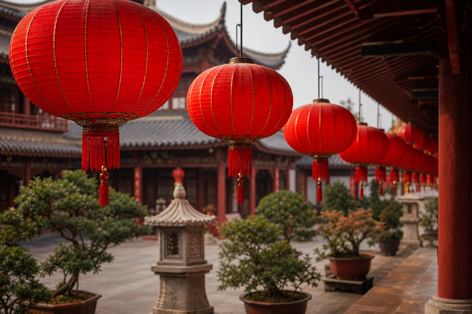 Red Chinese paper lanterns hanging at temple courtyard
